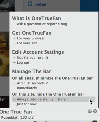 OneTrueFan assumes that if you want to be permanently hidden from a site, you also want your previous history deleted.